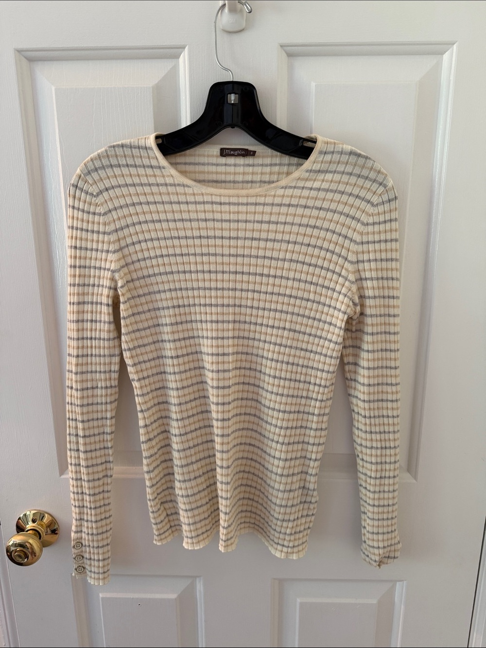 Slim Ribbed Scoop-Neck Sweater in Cream Stripe